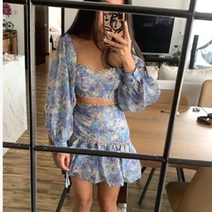 Floral Lantern Sleeve Top & Layered Hem Skirt Set